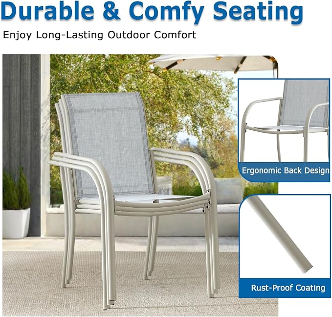 5 Piece Patio Dining Set for 4, 37.5” Black Square Table with Umbrella Hole and 4 Beige Blue Patio Stackable Chairs, Patio Table and Chairs for Backyard, Lawn, Deck & Garden