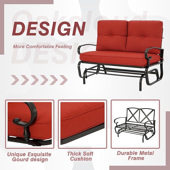 4 Pieces Metal Outdoor Furniture Patio Conversation Set, Glider Chairs Set with Round Side Table, Spring Lounge Chair Sets Metal Frame Wrought Iron Look (Red)