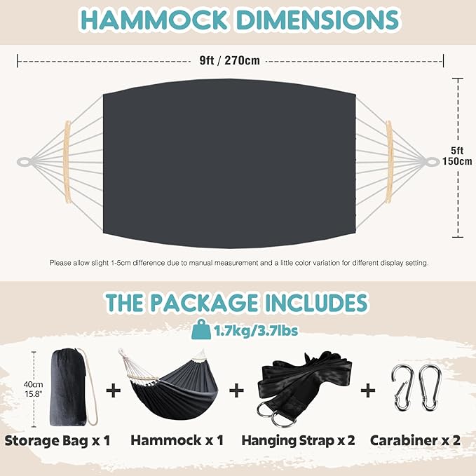 Anyoo Garden Cotton Hammock Comfortable Fabric Hammock with Spreader Bar Sturdy Hammocks Up to 450lbs Portable Lightweight Hammocks with Travel Bag for Camping Outdoor/Indoor Patio Backyard