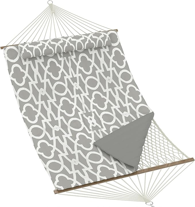 2 Person Outdoor Hammock with Stand, Cotton Rope Hammock with Polyester Pad, Adjustable Steel Frame, 2-in-1 Hammock for Patio, Backyard, Garden, Beach（Light Gray Stripes）
