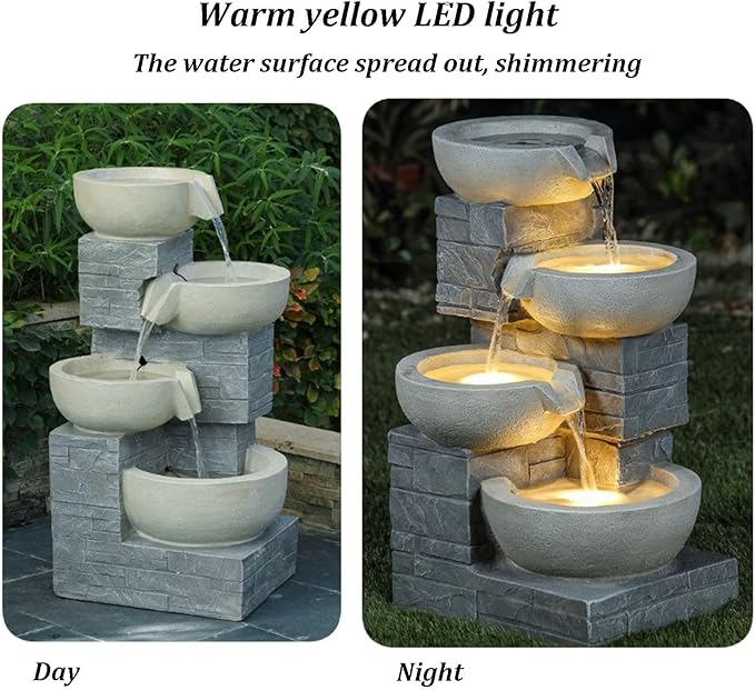 Outdoor Garden Water Fountain with LED Lights, Outdoor 4-Tiers Cascading Rock Water Fountain, Circular Basin Design, for Patio, Backyard, Porch and Home Art Decor(55cm)