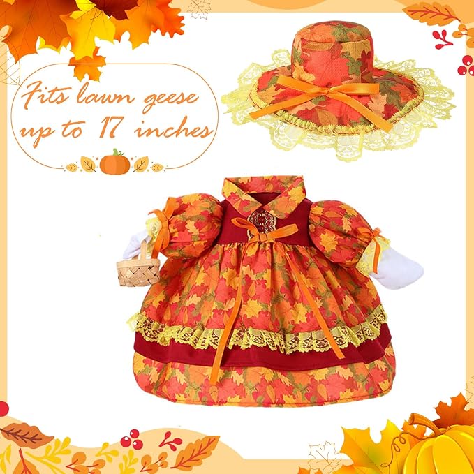 FuWeave Fall Porch Goose Outfit Maple Goose Costume Fancy Porch Geese Clothes with Wide Hat for 23" 17" Outdoor Patio