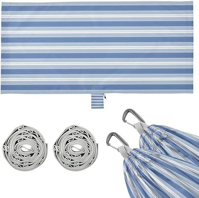 Qilmy Blue Stripes Camping Hammock Single – 330 lbs Capacity, Lightweight with Tree Straps & Carabiners, Portable for Hiking, Travel, Backpacking