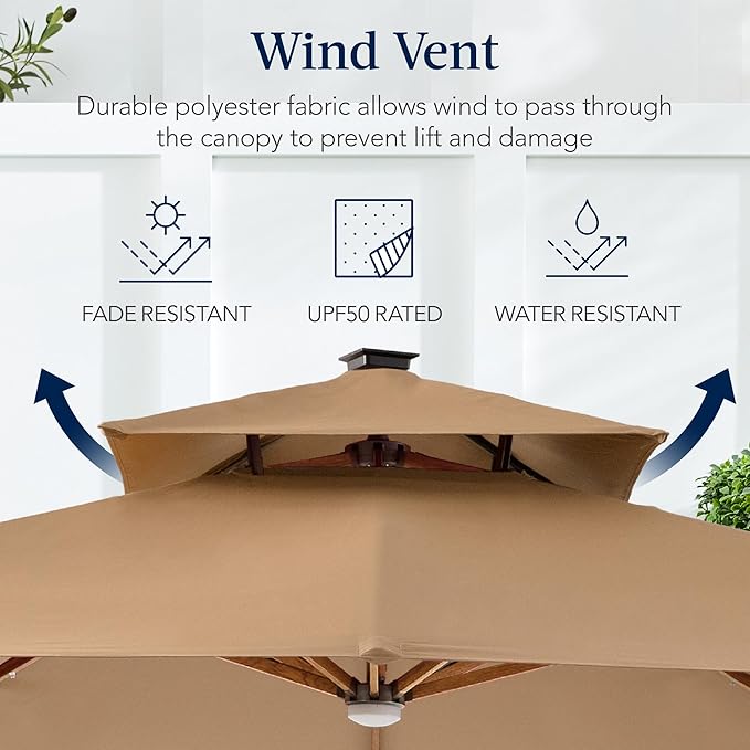Best Choice Products 10ft Square Cantilever Patio Umbrella w/Base Included, Woodgrain Pattern Pole & Solar LED Lights, 360-Rotation, Offset Hanging Outdoor Shade