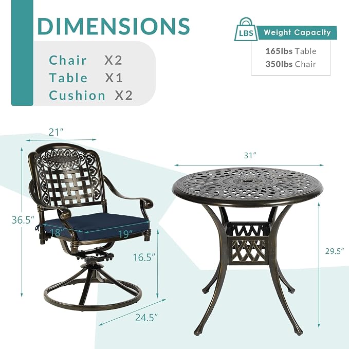 MEETWARM 3-Piece Outdoor Patio Dining Set, All-Weather Cast Aluminum Patio Conversation Set with 2 Cushions Swivel Rocker Chairs and 31" Round Table for Backyard Garden Deck, Umbrella Hole, Navy Blue