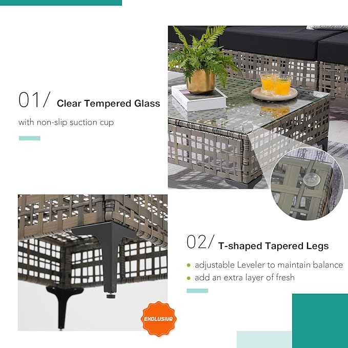 Patiorama 7 Piece Wicker Patio Furniture Set, Metal-Colored PE Rattan Outdoor Sofa Set Patio Sectional with Water Resistant Cushion and Coffee Table, Outdoor Couch, Porch, Backyard-Black