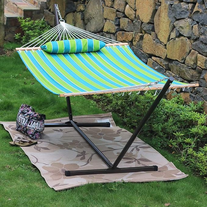 2 Person Outdoor Hammock with Curved Spreader Bar, Heavy Duty Hammock with Stand for Outside, Hamacas para Adultos with Pillow, Amacas for Garden, Backyard, Pool, Beach, Green Stripe