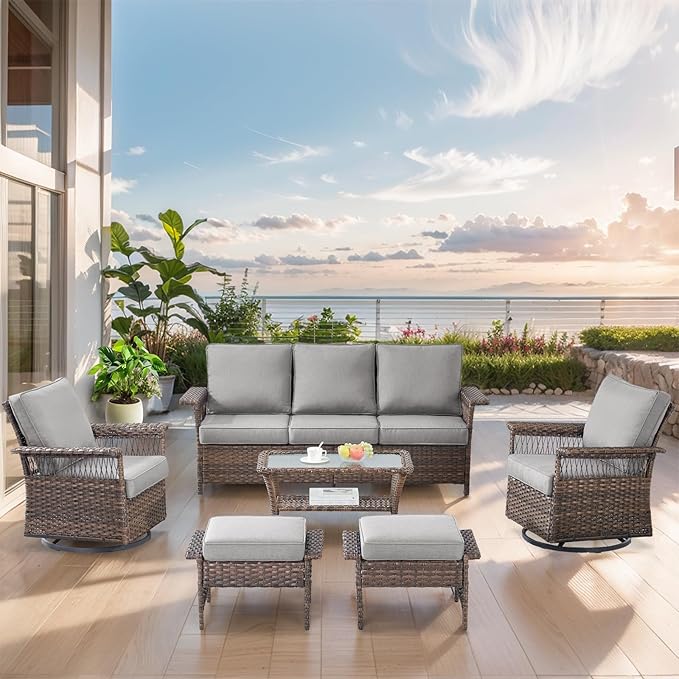 Outdoor Wicker Patio Furniture Set - 6 Piece Rattan Patio Conversation Sets with 2 Swivel Rocking Chairs,2 Ottomans,1 Sofa and 1 Coffee Table for Porch Deck Garden(Brown/Grey)