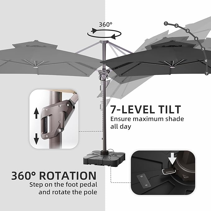9 X 12 FT Cantilever Outdoor Patio Umbrella with Base Included Large Heavy Duty 360° Rotation Double Top Offset Rectangular Umbrellas with LED Lights for Backyard Outside Deck, Grey