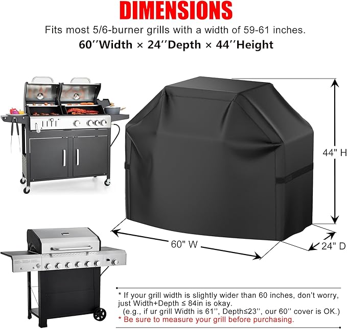 Grill Cover, 60 inch Heavy Duty BBQ Gas Grill Cover for Outdoor Grill, Waterproof, Weather Resistant, Anti-UV, Rip-Proof, Fade Resistant Barbecue Cover with Hook-and-Loop Straps for Most Grills