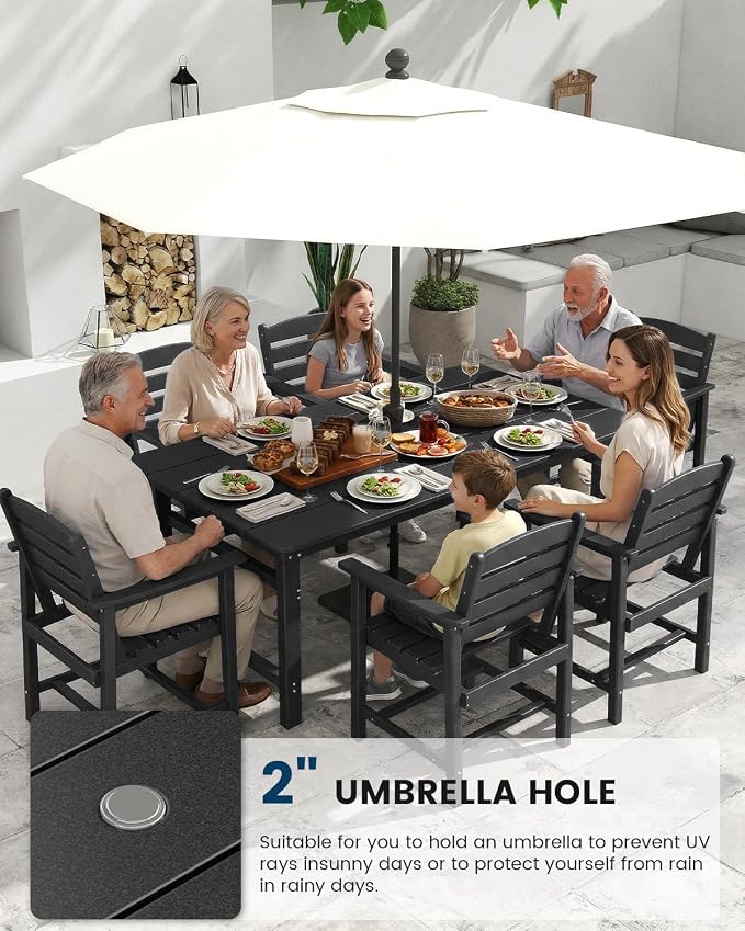 FOOWIN Outdoor HDPE Dining Table Set 7-Piece All Weather Patio Dining Set with Umbrella Hole,Outdoor Patio Furniture Dining Set for 6,Patio Kitchen Table Set for Garden,Backyard,Poolside. Black