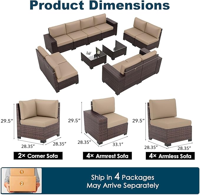Patio Furniture Set, 12 Pieces Outdoor Sectional Sofa Conversation Sets with Waterproof Cover Modern Wicker Seating Set, 4'' Thickened Cushions & 2 Glass Coffee Table, Beige