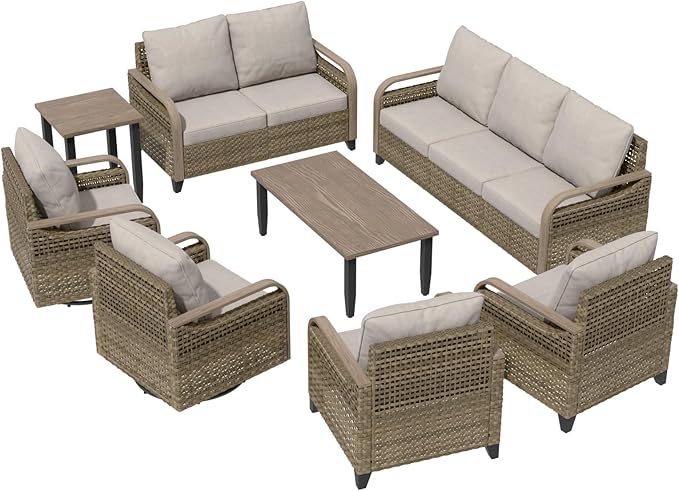 Modern Wicker Patio Furniture Set, Rattan Outdoor Conversation Set， 2 Patio Chairs, 2 Swivel Rocking Chairs, 3 Seat Couch, Loveseat, Coffee Table and Side Table, 8 Pieces, Brown/Gray
