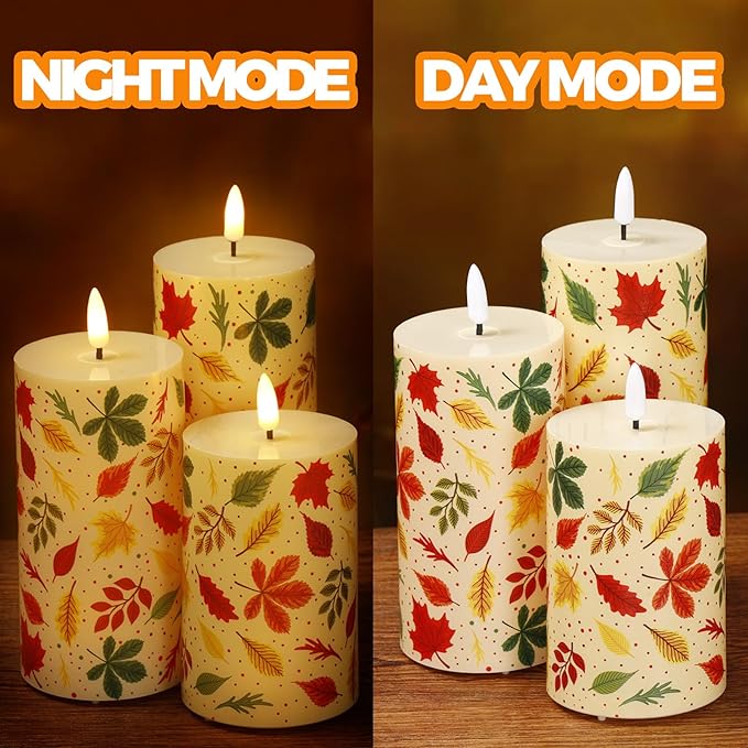 Tuanse 3 Pcs Thanksgiving Fall Flameless Candles Maple Leaf LED Candle Lights Battery Operated Candles Mixed Size Flickering LED Light for Fall Thanksgiving Halloween Harvest(Colorful Maple Leaves)
