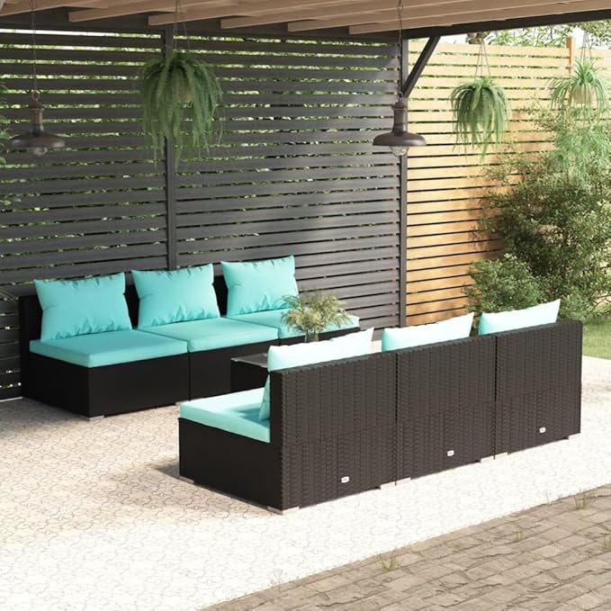 7 Piece Patio Lounge Set with Cushion, Furniture Conversation Sets Patio Lounge Set Piece Patio Set Outdoor Patio Sectional s Poly Rattan Black