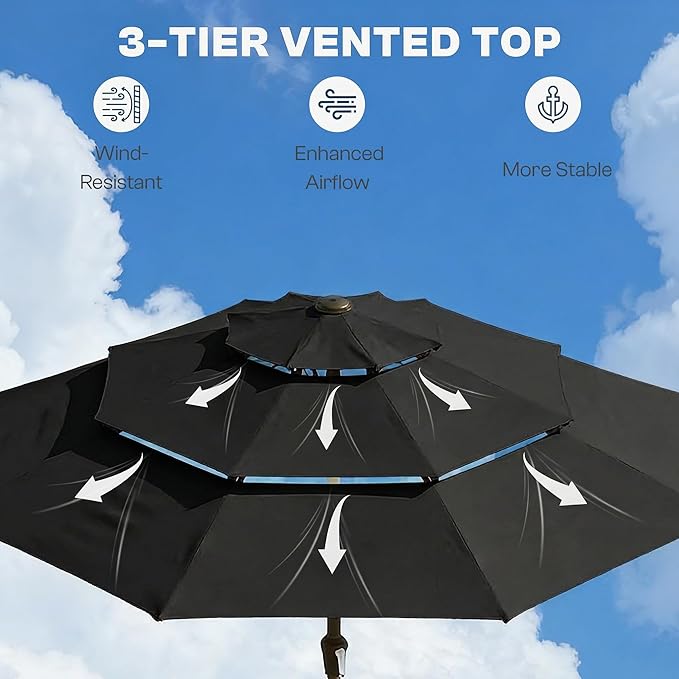 10ft 3 Tier Patio Umbrella, Outdoor Market Table Umbrella with UPF 50+ Vented Canopy, 8 Sturdy Ribs, Easy Push Button Tilt and Crank, Windproof for Deck, Pool, Backyard and Garden