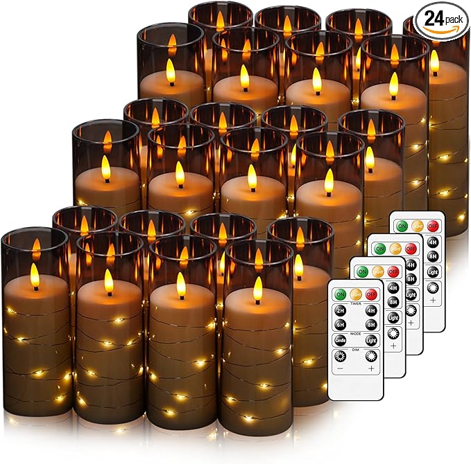 Nimiko Flickering Flameless LED Candles,Battery Operated Candles 24 Pcs with Embedded Star String,Acrylic LED Pillar Candles with Remote,Suitable for Home Decoration to Create an Atmosphere (Grey)