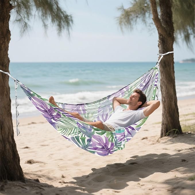 Camping Hammock Outdoor Hammocks for Outside Green Purple Tropical Leaf Beach Trees Portable Lightweight with Pockets Tree Straps Indoor Small