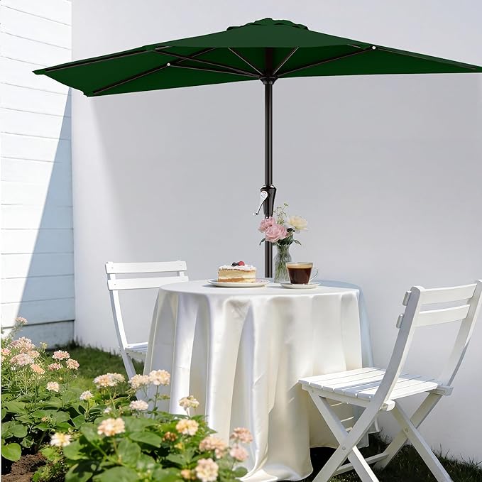 AreShark 9FT Half Patio Umbrella, Outdoor Wall Umbrella with Crank & 5 Sturdy Ribs, Table 1/2 Umbrella Patio for Garden, Deck, Balcony and Pool, Dark Green