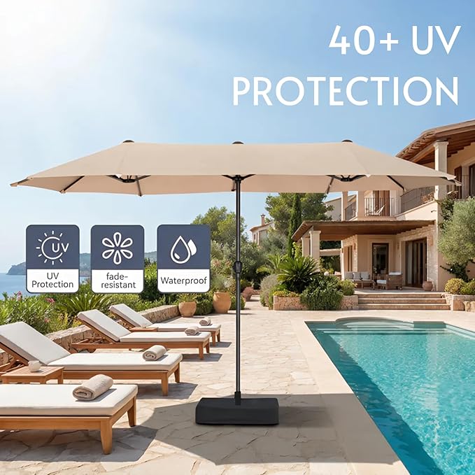 15ft Large Patio Umbrellas with Base Included, Outdoor Double-Sided Rectangle Market Umbrella with Stand, Outside Umbrellas for Poolside Lawn Backyard