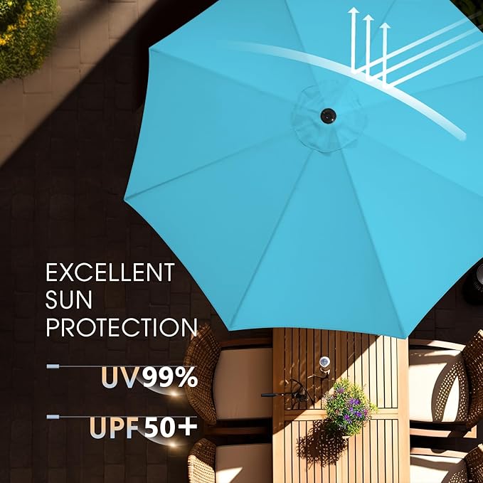 wikiwiki 9FT Patio Umbrella with Base, Outdoor Umbrellas with Base Included, 8 Sturdy Ribs, Waterproof Fade Resistant POLYESTER DTY Canopy for Deck, Lawn, Garden, Backyard & Pool, Sky Blue