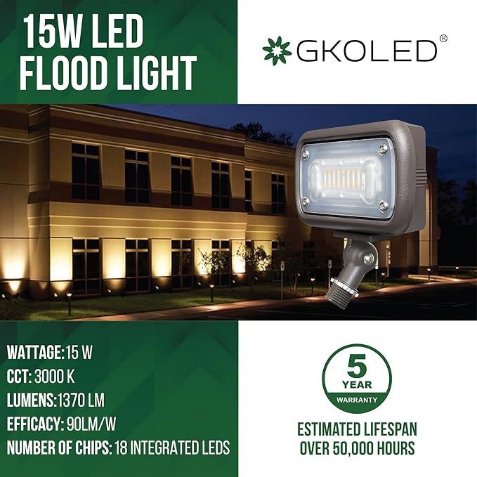 GKOLED Outdoor Security Floodlight, 15W Super Bright LED, 50W PSMH Equivalent, 1370 Lumens, 3000K Warm White, IP65 Waterproof, 120-277V, 1/2" Knuckle Mount, Compact Size, UL-Listed