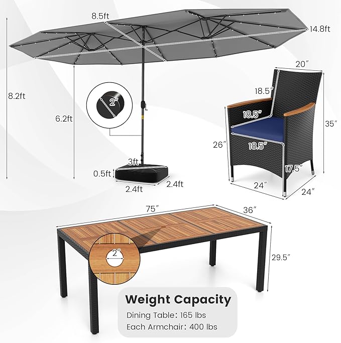 Tangkula 11 Pieces Patio Dining Set with Double-Sided Led Patio Umbrella (Base Included), with 8 Stackable Chairs, Acacia Wood Dining Table and Large Umbrella with Solar Lights (Grey + Navy)
