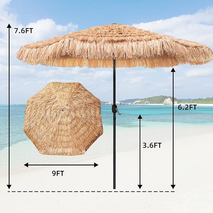 AMMSUN 9ft Hula Thatched Tiki Umbrella Hawaiian Style Beach Patio Umbrella and 8 Ribs with Crank Lift UPF 50+ Outdoor Tiki Bar, Tropical Palapa, Patio Garden Beach Pool Backyard Natural Color