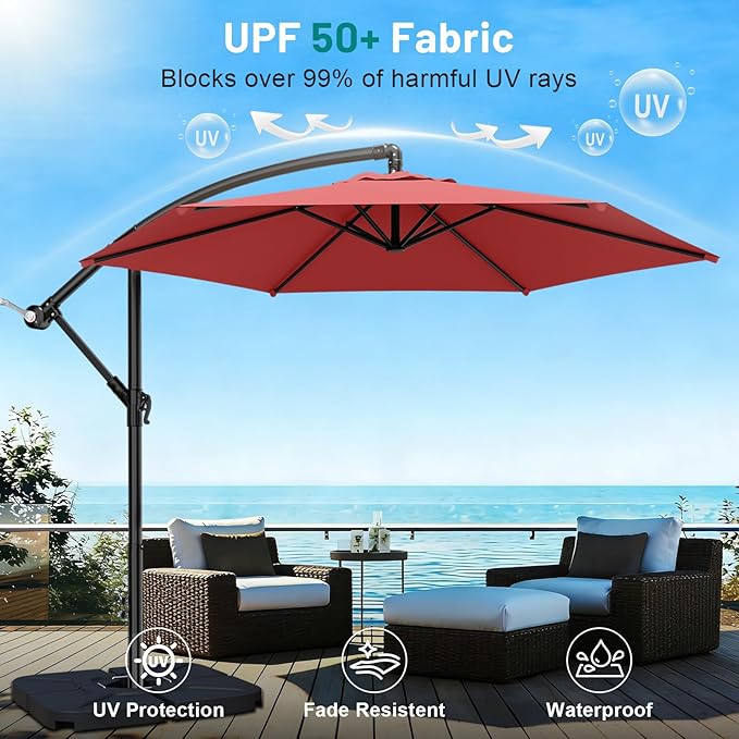 AreShark 10FT Patio Outdoor Umbrella, Offset Patio Umbrella Cantilever Umbrella, 6 Sturdy Ribs, Easy Adjustment for Garden Market Pool with Cross Base (Dark Red)