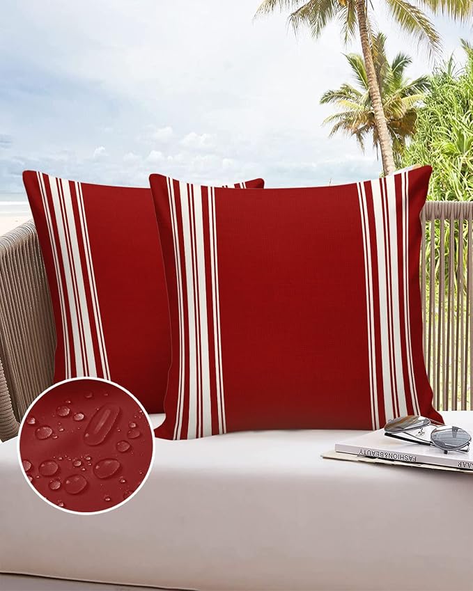 Vandarllin Outdoor Throw Pillows Covers 26X26 Set of 2 Waterproof Burgundy Red Stripe Decorative Zippered Lumbar Cushion Covers for Patio Furniture, French Stripe Farmhouse Style