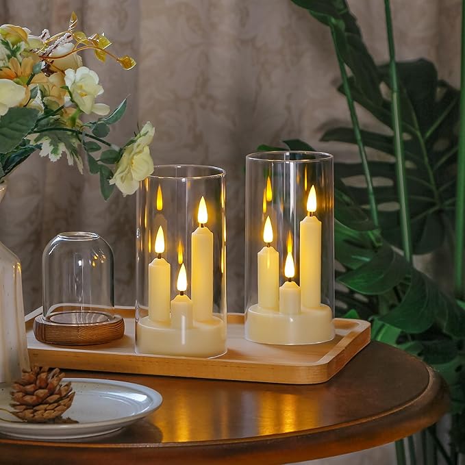 3 in 1 Flameless Taper Short Candles with 10 Key Remote Control and Timer, Battery Operated Pack of 2 LED Acrylic 3" x6" White Pillar Flickering Warm Light