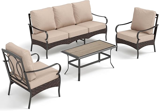PHI VILLA Outdoor Modern Patio Furniture Set, Upgraded Wicker & Metal Patio Furniture Conversation Set with Waterproof Thick Cushions for Porch, Poolside, Yard (4 Pieces,Beige)