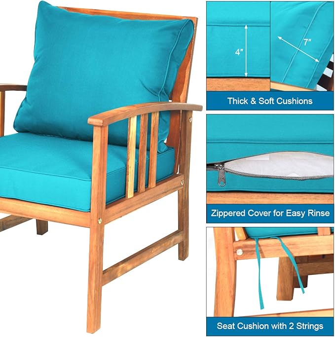 Tangkula 4 PCS Acacia Wood Patio Furniture Set, Outdoor Seating Chat Set w/Gray Cushions Back Pillow, Outdoor Conversation Set w/Coffee Table for Garden, Backyard, Poolside (Turquoise)