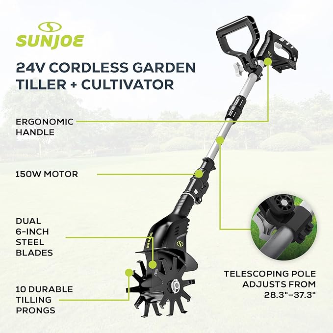 Sun Joe Cordless Garden Tiller & Cultivator with Telescopic Pole, Auxiliary Handle & 6-Inch Steel Blades, 24V, Tool Only - Heavy-Duty Tilling Machine for Lawn, Yard, and Gardening Care, 24V-TLR-CT
