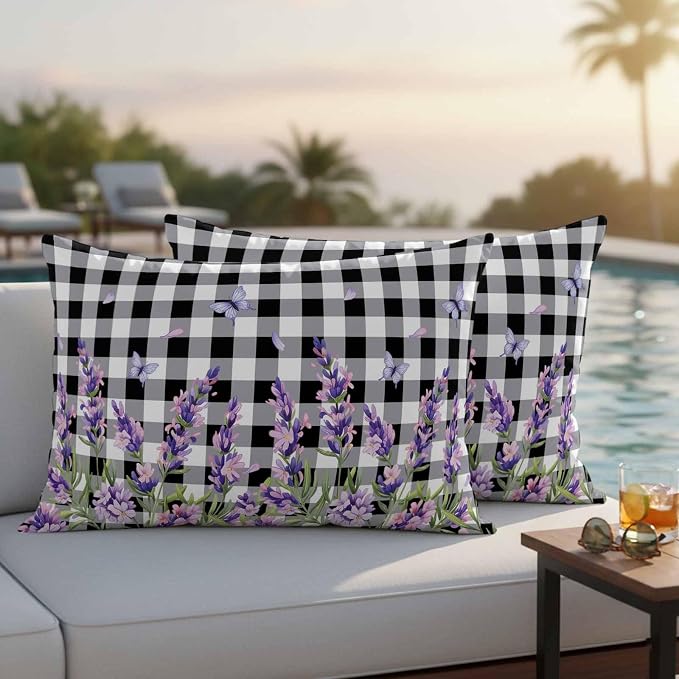 Lavender Floral Outdoor Waterproof Pillow Covers, Purple Flowers Butterfly Black Gray Plaid Decorative Rectangle Throw Pillowcase Sofa Cushion Sham for Patio/Couch/Chair, 20"x12" 2 Pack