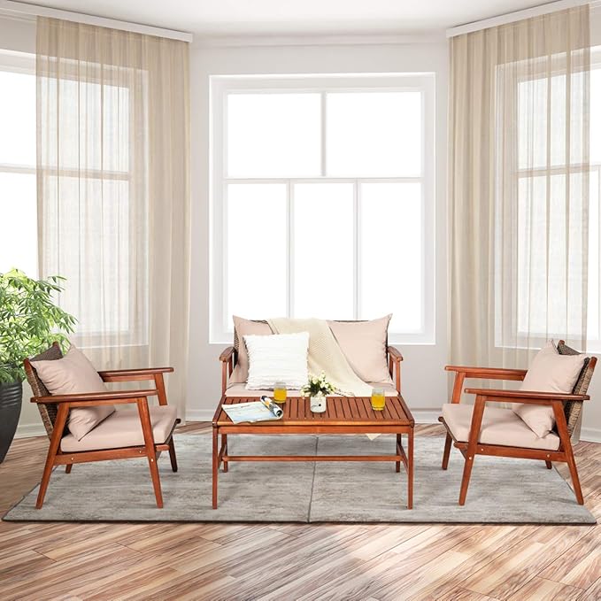 Tangkula 4 PCS Patio Wood Sofa Set, Outdoor Acacia Wood Seating Chat Set with Cushions & Coffee Table, Sectional Conversation Sofa Set for Garden, Backyard, Poolside (1, Brown)