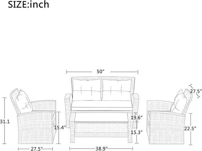 Bellemave Patio Furniture Set,4piece Outdoor Conversation Set Wicker Rattan Patio Conversation Sets with Cushion Outside Sofa Set,5 Pieces 7 Seats,Gray