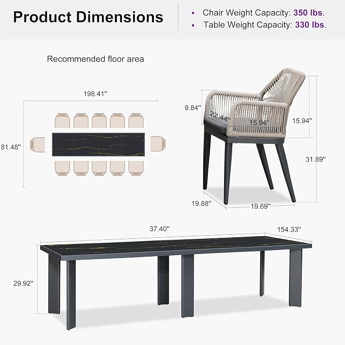 PURPLE LEAF 13 Pieces Patio Dining Set Aluminum Modern Rectangular Table and Rattan Arm Chairs with Cushions for Kitchen Porch Garden Outdoor Furniture Sets, Dark Grey
