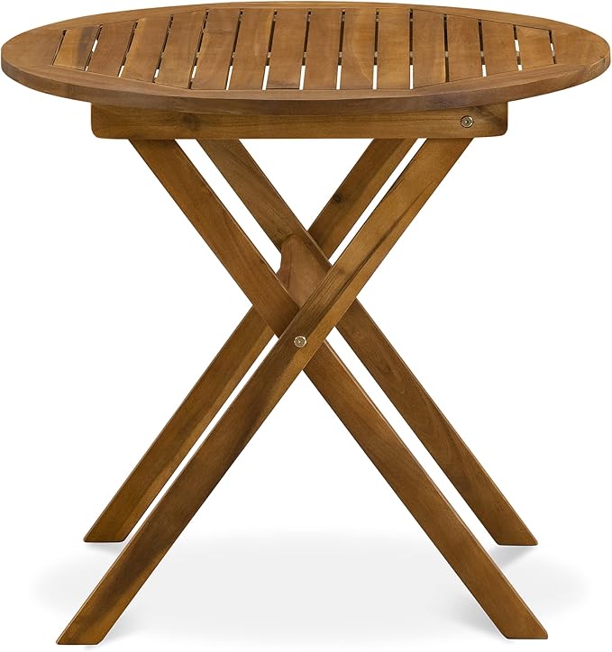East West Furniture MNBS3CANA 3 Piece Outdoor Conversation Bistro Set Contains a Round Acacia Wood Coffee Table and 2 Folding Arm Chairs, 30x30 Inch, Natural Oil
