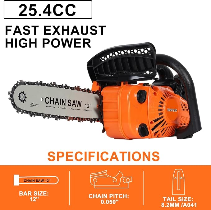 Gas Chainsaw, 12 Inch Top Handle Chainsaw, 25.4CC 2-Cycle Handheld Cordless Petrol Portable Gas Powered Chain Saw for Tree Wood Cutting Orange