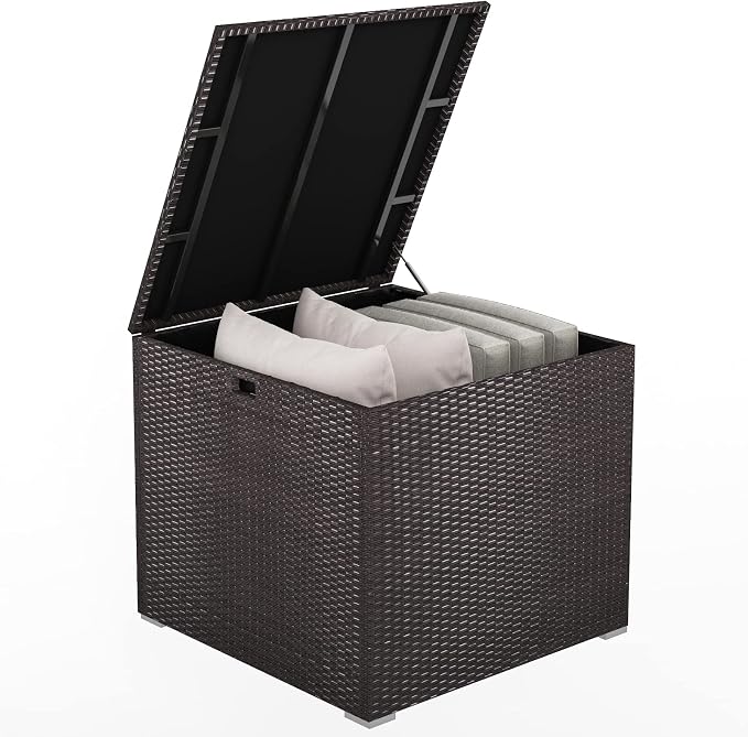 Outdoor Storage Box, 72 Gallon Deck Box Wicker Storage Box with Water-resistant Liner, Built-in Handle & Aluminum Feet, Outside Storage Container for Pillows, Cushions, Garden Tools