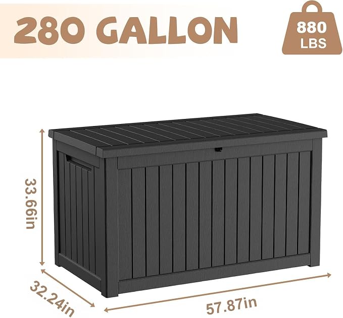 280 Gallon Outdoor Storage Deck Box Waterproof Resin Lockable Outside Bench Porch Patio Furniture Pool Float Garden Tool Cushion UV Resistant Bin Black