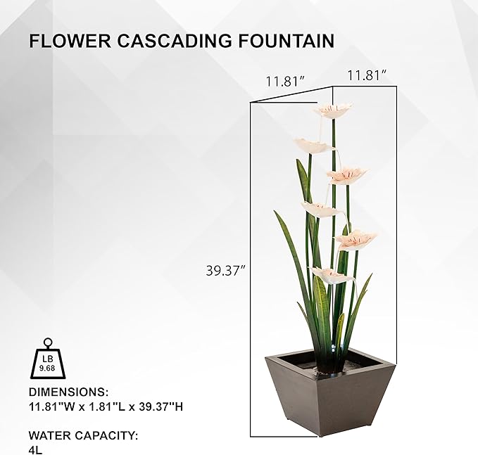 XBrand 39-Inch Freestanding Sculptural Metal Multi-Tier Flower Water Fountain with LED Lights, Multicolored