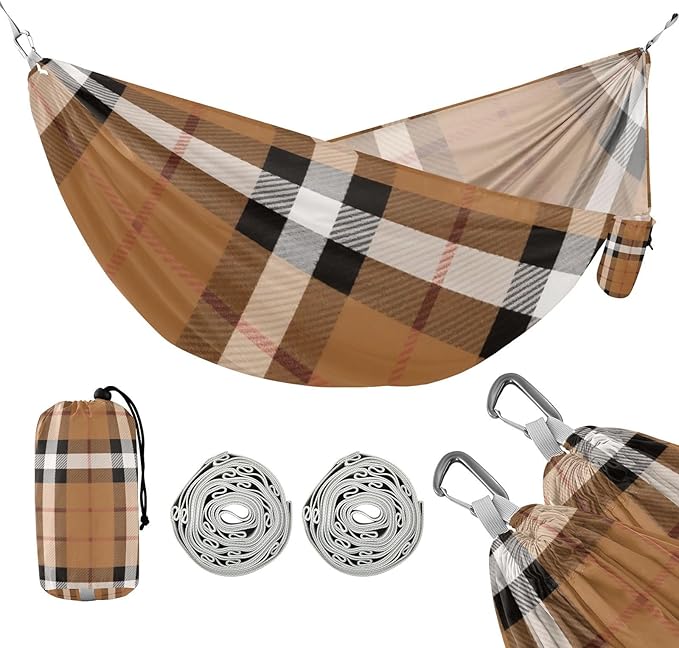 Black White Brown Checkered Plaid 330lb Capacity Camping Hammock with Hanging Rope Swing Hammock for Patio Backyard Lounge Base Bases para hamacas para adultos
