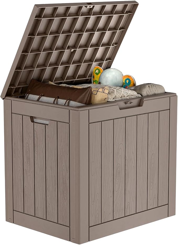 PatioZen 35 Gallon Deck Box Outdoor, Weatherproof Resin Patio Storage Box, Waterproof Outdoor Storage Boxes with Lid Lockable for Cushions, Garden Tools,Grey