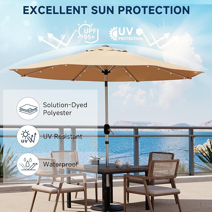 10FT 40-LED Solar Lighted Aluminum Patio Umbrella, Fade-Resistant Outdoor Market Table Umbrella with Push Button Tilt Function, 8 Sturdy All-Aluminum Ribs for Gardens, Decks, Backyards & Pools