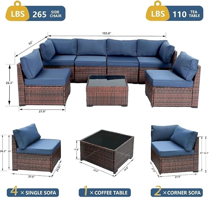 7 Pieces Patio Conversation Sets, All Weather Outdoor Sectional Patio Sofa, Manual Weaving Wicker Rattan Patio Seating Sofas with Thick Cushions and Coffee Table(Grey)