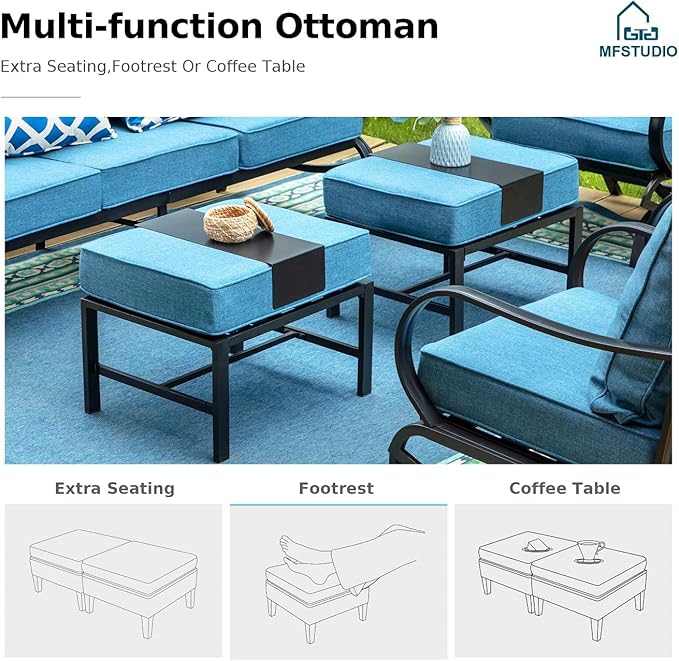 MFSTUDIO 6 Pieces Metal Patio Furniture Sets, 2 Swivel Chair, 1 Deep Seating 3-Seat Sofa, 2 Ottoman & 1 Marbling Coffee Table, All Weather 7 Seats Outdoor Conversation Set for Garden Backyard, Navy