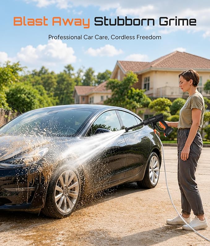 Cordless Portable Washer, Brushless Battery Operated, Lightweight Washer Gun with 6-in-1 Nozzle & 17FT Hose, Foam Pot, Storage Bag; Handheld Power Cleaner for Car, Driveway, Garden, Patio & Fence