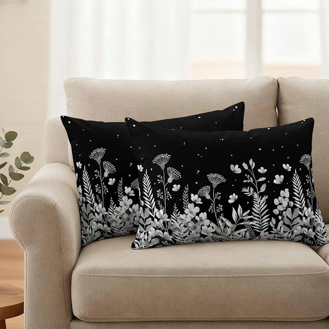 Outdoor Pillow Covers Waterproof, Vintage Floral Decorative Rectangle Throw Pillowcases Patio Cushion Covers for Tent/Garden, 20" x 12" 2 Pack, Spring Wildflowers Country Botanical Black